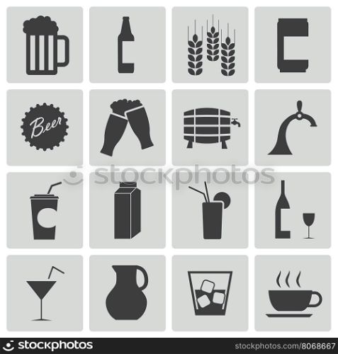 Vector black beer and beverage icons set on white background. Vector black beer and beverage icons set