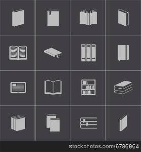 Vector black books icons set on grey background. Vector black books icons set