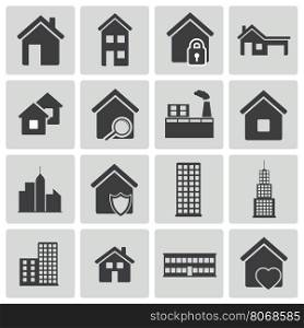 Vector black building icons set on white background. Vector black building icons set