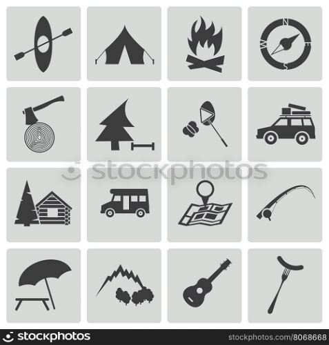 Vector black camping icons set on white background. Vector black camping icons set