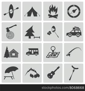 Vector black camping icons set on white background. Vector black camping icons set