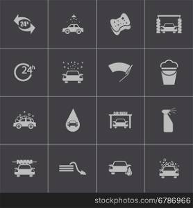 Vector black car wash icons set on grey background. Vector black car wash icons set