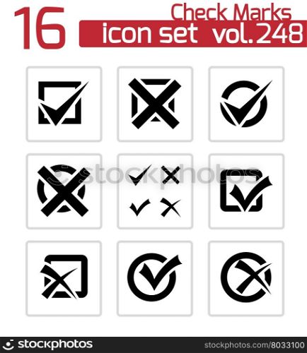 Vector black check marks icons set on white background. Vector black check marks icons set