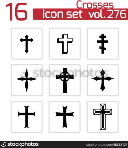 Vector black christia crosses icons set on white background. Vector black christia crosses icons set