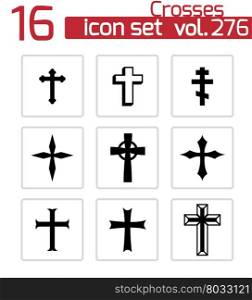 Vector black christia crosses icons set on white background. Vector black christia crosses icons set