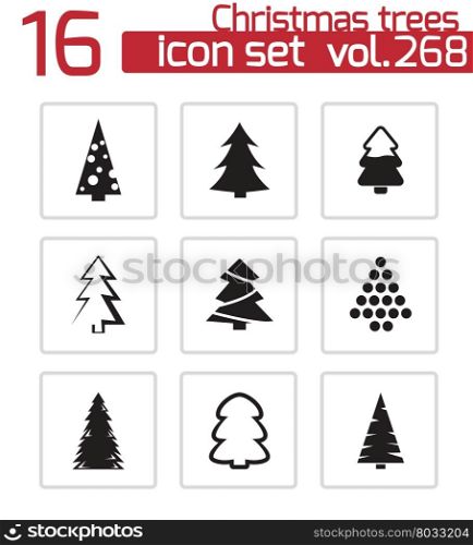 Vector black christmas tree icons set on white background. Vector black christmas tree icons set