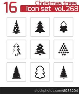 Vector black christmas tree icons set on white background. Vector black christmas tree icons set
