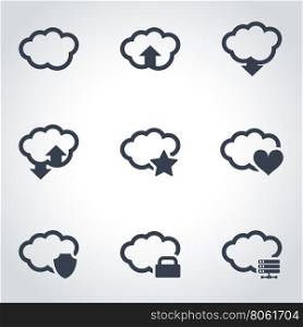 Vector black cloud icon set. Cloud Icon Object, Cloud Icon Picture, Cloud Icon Image, Cloud Icon Graphic, Cloud Icon JPG, Cloud Icon EPS, Cloud Icon AI - stock vector