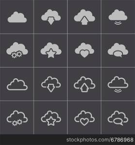 Vector black clouds icons set on grey background. Vector black clouds icons set