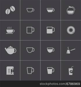 Vector black coffe icons set on grey background. Vector black coffe icons set