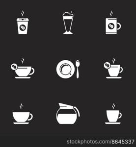 Vector black coffee icons set. Black background