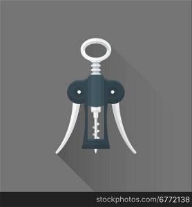 vector black color flat design bar sommelier wing corkscrew isolated illustration gray background long shadow&#xA;