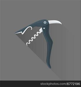 vector black color flat design sommelier knife corkscrew isolated illustration gray background long shadow&#xA;