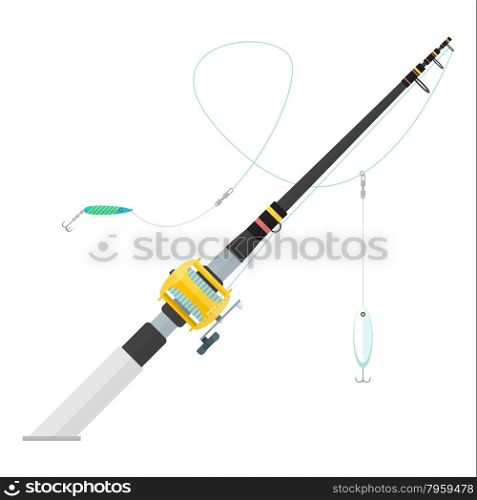 vector black color flat design trolling spinning fishing rod cork handle golden reel spoon-baits isolated illustration white background&#xA;
