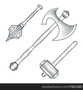 vector black color medieval axe warhammer mace engraving style illustration set white background&#xA;