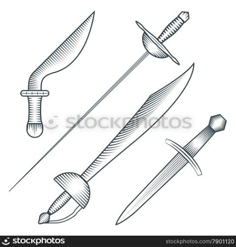 vector black color medieval pirate sword dagger dirk engraving style illustration set white background&#xA;