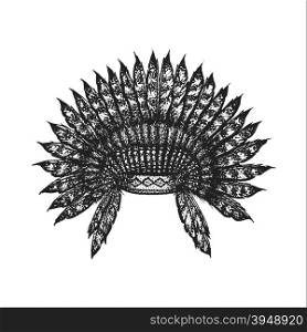 vector black color monochrome dotted art retro tattoo gravure style native american feather head war bonnet isolated decorative element realistic illustration white background&#xA;