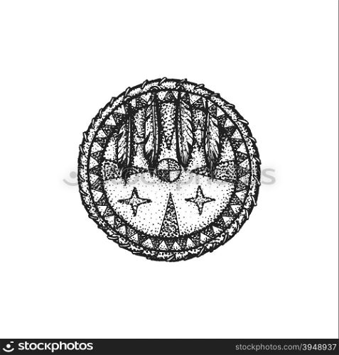 vector black color monochrome dotted art retro tattoo gravure style native american combat circle shield with feathers isolated decorative element realistic illustration white background&#xA;