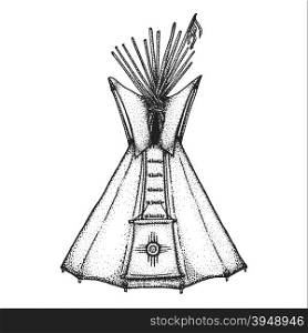vector black color monochrome dotted art retro tattoo gravure style native american conical tent teepee housing ethnic sun sign on door isolated decorative element realistic illustration white background&#xA;