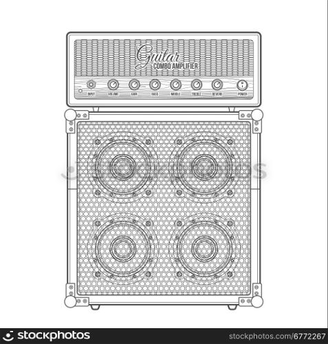 vector black color outline retro guitar combo amplifier cabinet technical illustration isolated white background&#xA;