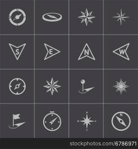 Vector black compass icons set on grey background. Vector black compass icons set