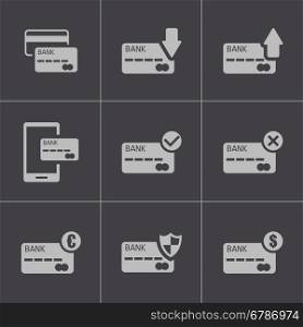 Vector black credit card icons set on grey background. Vector black credit card icons set