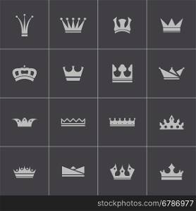 Vector black crown icons set on grey background. Vector black crown icons set