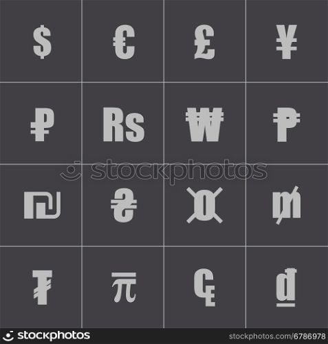 Vector black currency symbols set on grey background. Vector black currency symbols set