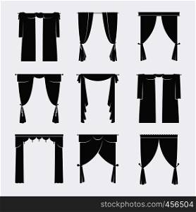 Vector black curtain icons on white background. Interior design elements. Vector black curtain icons