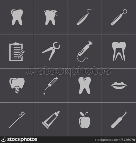 Vector black dental icons set on grey background. Vector black dental icons set