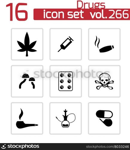 Vector black drugs icons set on white background. Vector black drugs icons set