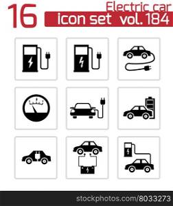 Vector black electric car icons set white background. Vector black electric car icons set