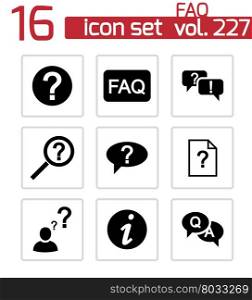 Vector black FAQ icons set on white background. Vector black FAQ icons set