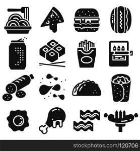 Vector black fast food icon set on white background. Vector black fast food icon set