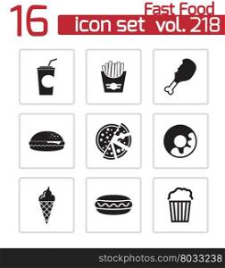 Vector black fast food icons set on white background. Vector black fast food icons set