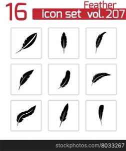 Vector black feather icons set on white background. Vector black feather icons set