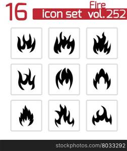 Vector black fire icons set on white background. Vector black fire icons set