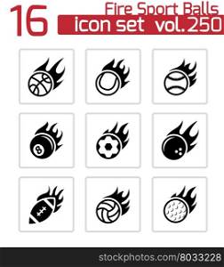 Vector black fire sport balls icons set on white background. Vector black fire sport balls icons set