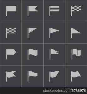 Vector black flag icons set on grey background. Vector black flag icons set