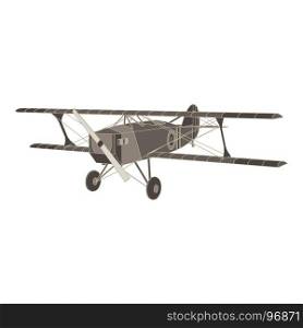 Vector black flat icon vintage illustration of biplane. Airplane isolated on white background. Side view