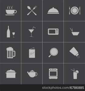 Vector black food icons set on gray background. Vector black food icons set