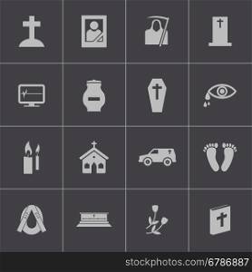 Vector black funeral icons set on gray background. Vector black funeral icons set
