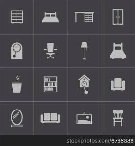Vector black furniture icons set on gray background. Vector black furniture icons set
