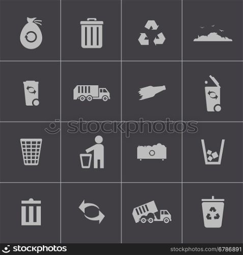 Vector black garbage icons set on gray background. Vector black garbage icons set