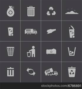 Vector black garbage icons set on gray background. Vector black garbage icons set
