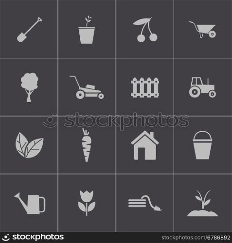 Vector black gardening icons set on gray background. Vector black gardening icons set