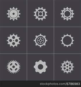 Vector black gear icons set on grey background. Vector black gear icons set