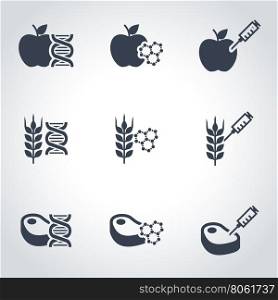 Vector black genetically modyfied food icon set. Genetically Modyfied Food Icon Object, Genetically Modyfied Food Icon Picture, Genetically Modyfied Food Icon Image - stock vector
