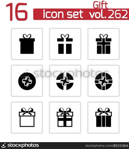 Vector black gift icons set on white background. Vector black gift icons set