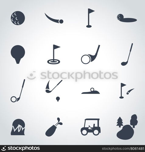 Vector black golf icon set. Vector black golf icon set on grey background